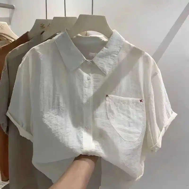 Lightweight Silk Cotton Short Sleeve Shirt Women's Summer Design Sensation Age Reduction Small Shirt Trendy Top