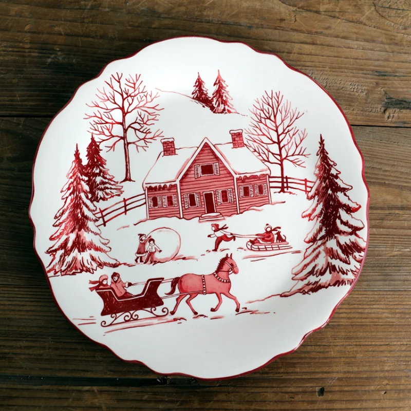 

Christmas Deer Breakfast Plate Dessert Plate European Dishe Plate Home Ceramic Plate Decorative Plate Red Hand Painted Tableware