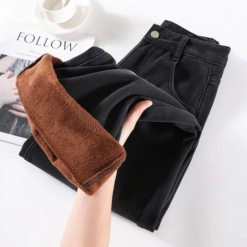 

GUUZYUVIZ 2023 Autumn Winter Velvet Thickened Women's Wide Leg Jeans High Waist Loose Black Grey