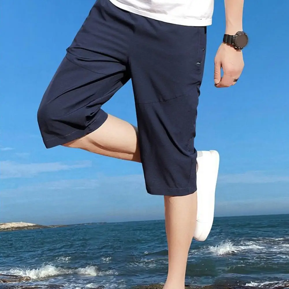 Men Cropped Pants Elastic Waist Loose Ice Silk Zipper Pockets Solid Color Soft Breathable Mid Waist Mid-calf Length Trousers 90