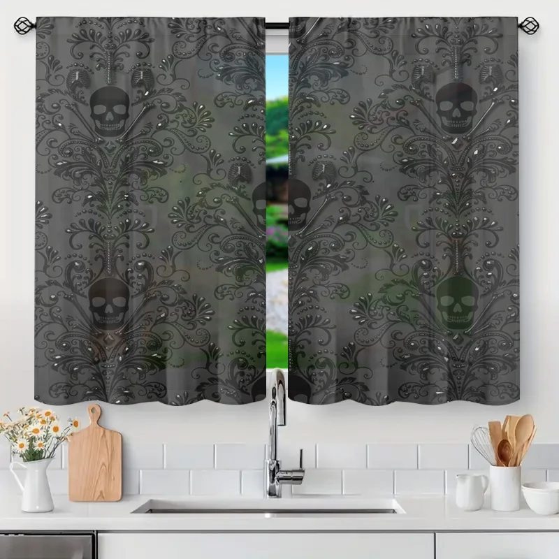 Dark Gothic Skeleton Skull Pattern Curtains Sheer Translucent Window Drapes Spooky Halloween Theme Home Decor Filter Privacy Cur