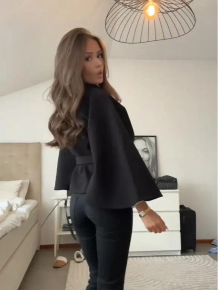 

Fashion Women's Stand Woolen Coat Solid Long Sleeve Button Lace-Up Cardigan Jacket 2025 Autumn Winter Female Daily Outerwear