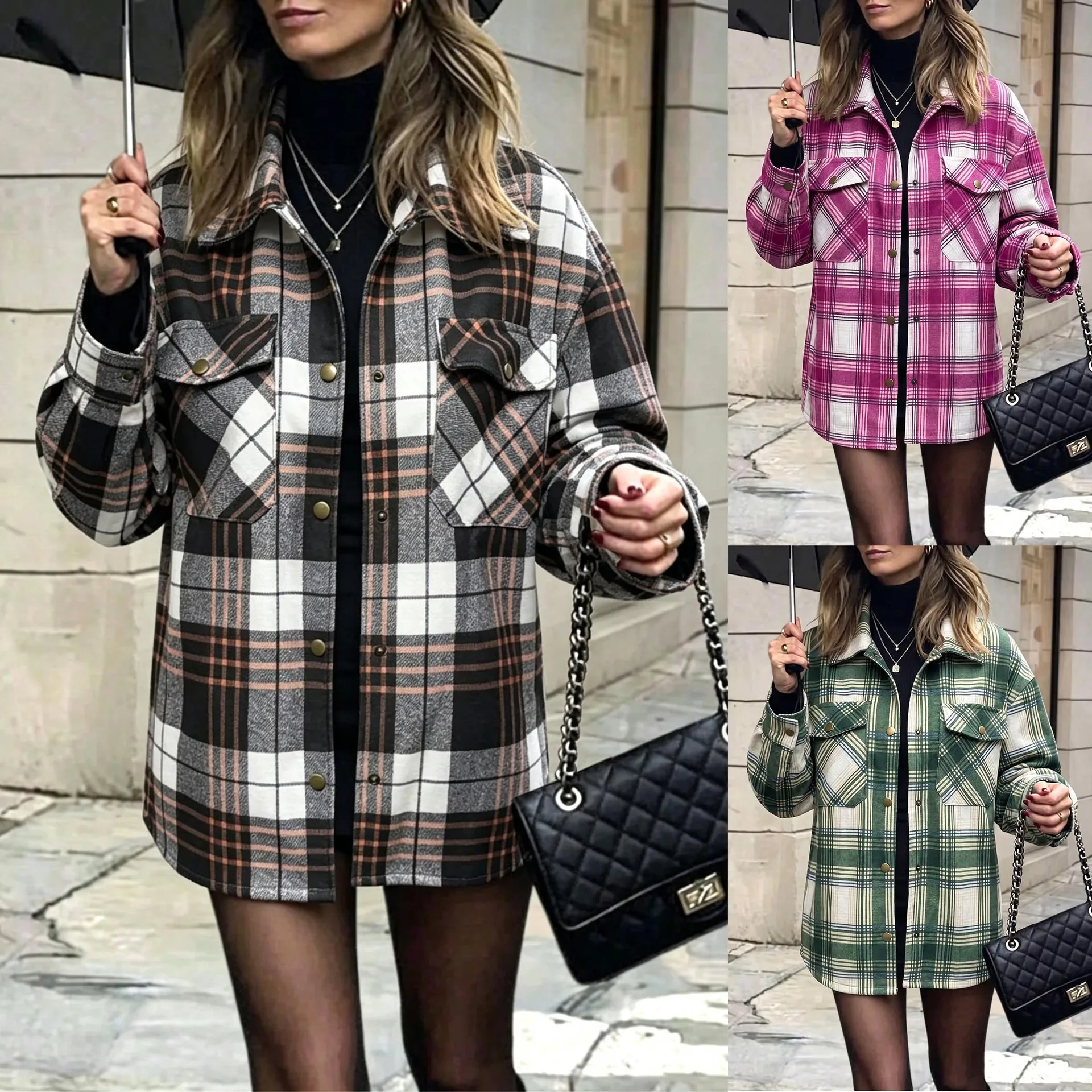 Fall Women Oversized Plaid Shirt Jacket Long Sleeve Lapel Checkered Shacket Casual Loose Outer Coat With Pockets