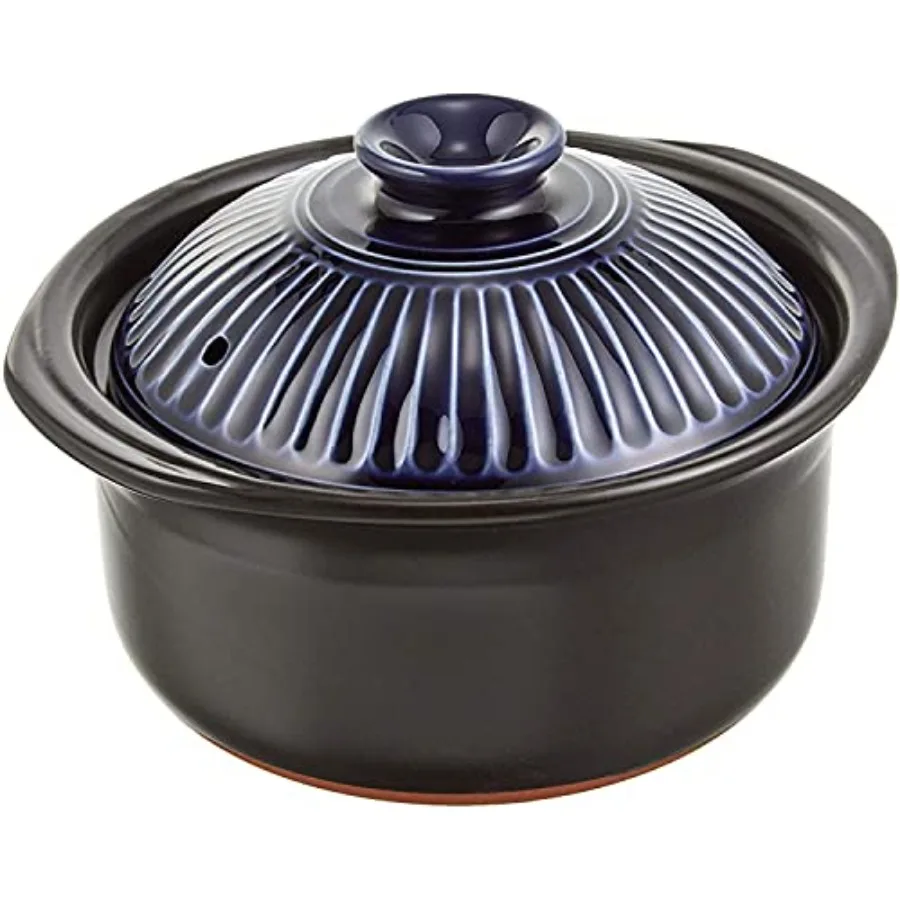 

Chrysanthemum Flower Earthenware Banko Ware Rice Pot with Lapis Blue Finish and Double Lid for Cooking 3-Cook Size Ginpu Style