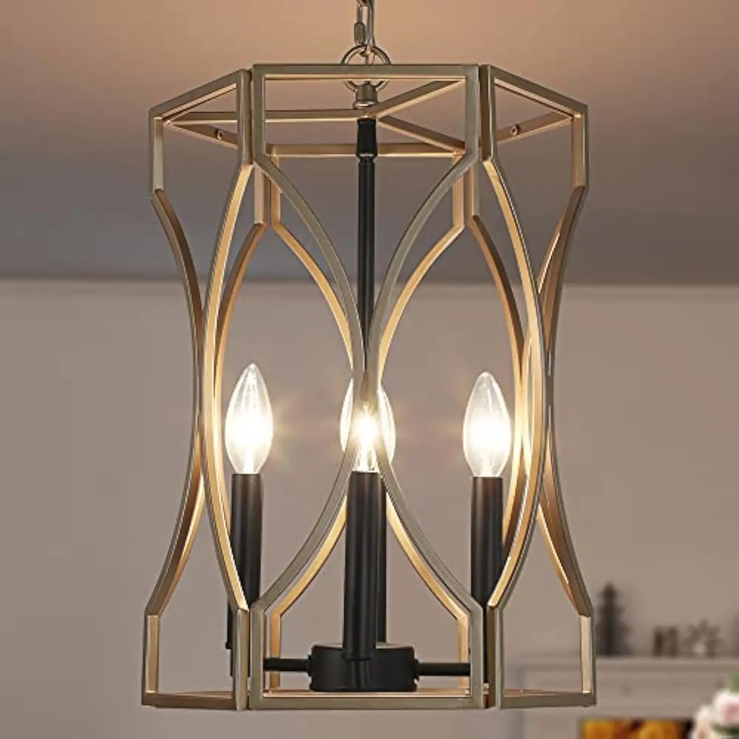 

Gold black lantern cage chandelier, modern 4 light pendant lighting fixture, farmhouse chandelier for foyer, entryway, dining r