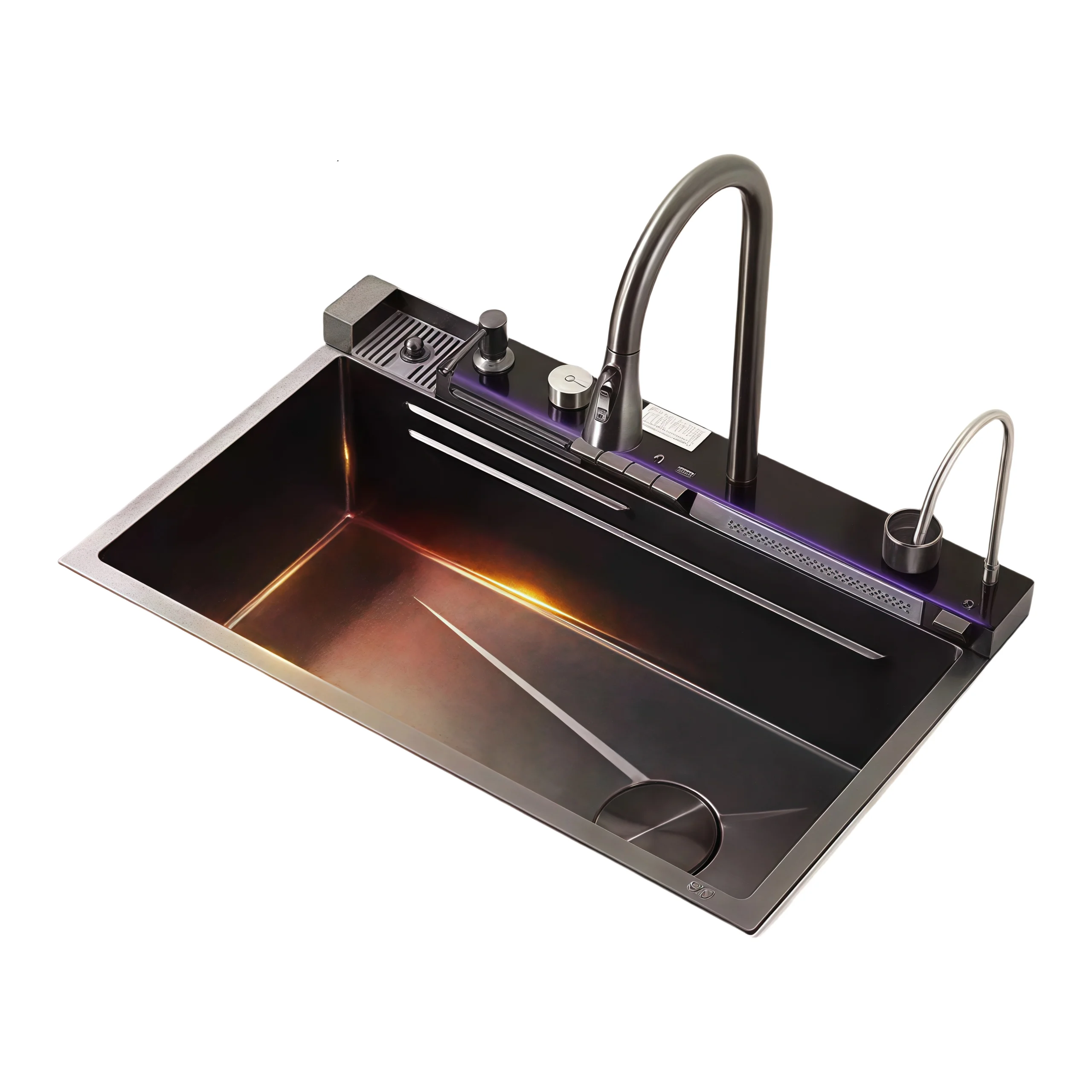 Sink,Smart Kitchen Manual Sink Modern 304 Stainless Steel Nano Surface Black Multifunctional Waterfall Faucet Single Bowl 5 Year