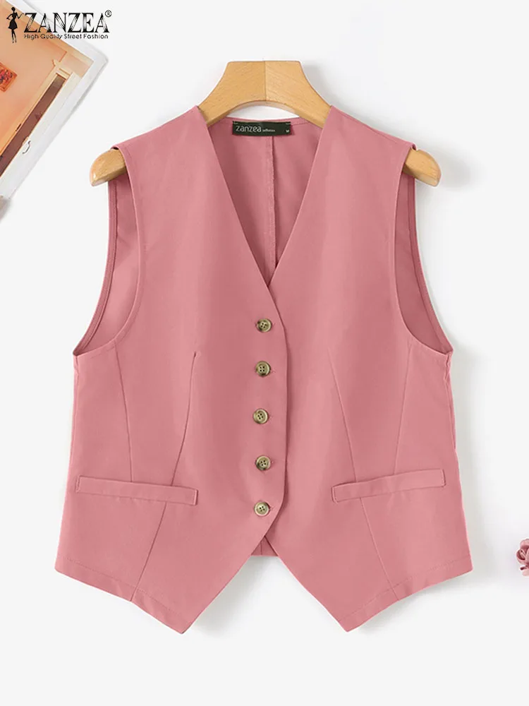 ZANZEA Women Summer Blazer Vest Stylish V Neck Sleeveless Blouse Vintage Solid Buttons Down Tops Elegant Ladies Office OL Shirt