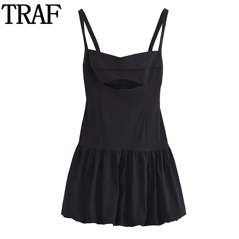 TRAF Sleeveless Slip Black Dress Woman Cut Out Short Dresses For Women Ruched Ball Mini Dress Summer Backless Party Dresses