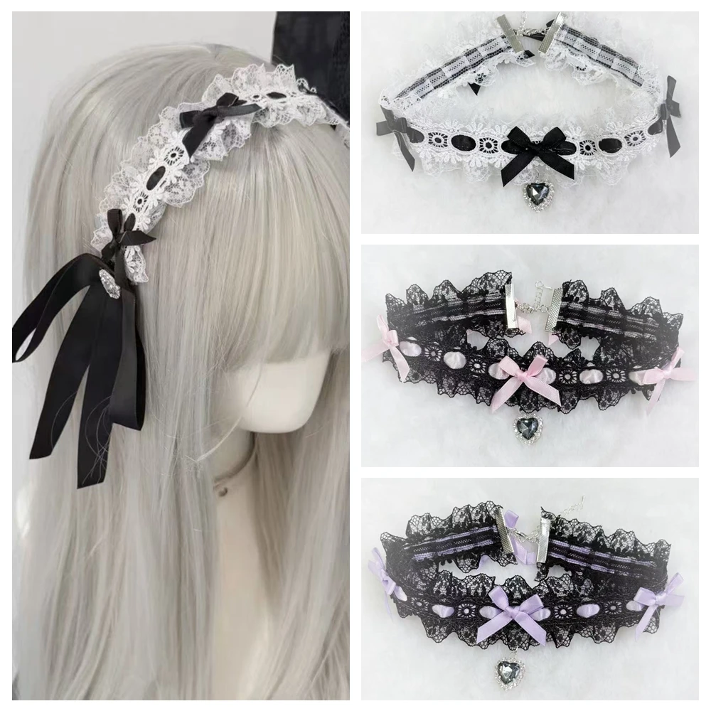 

Gothic Lolita Japanese Harajuku Women's Headband + Lace Choker Y2K Girls Subculture Lace Ruffle Rhinestone Dress Up Accessories