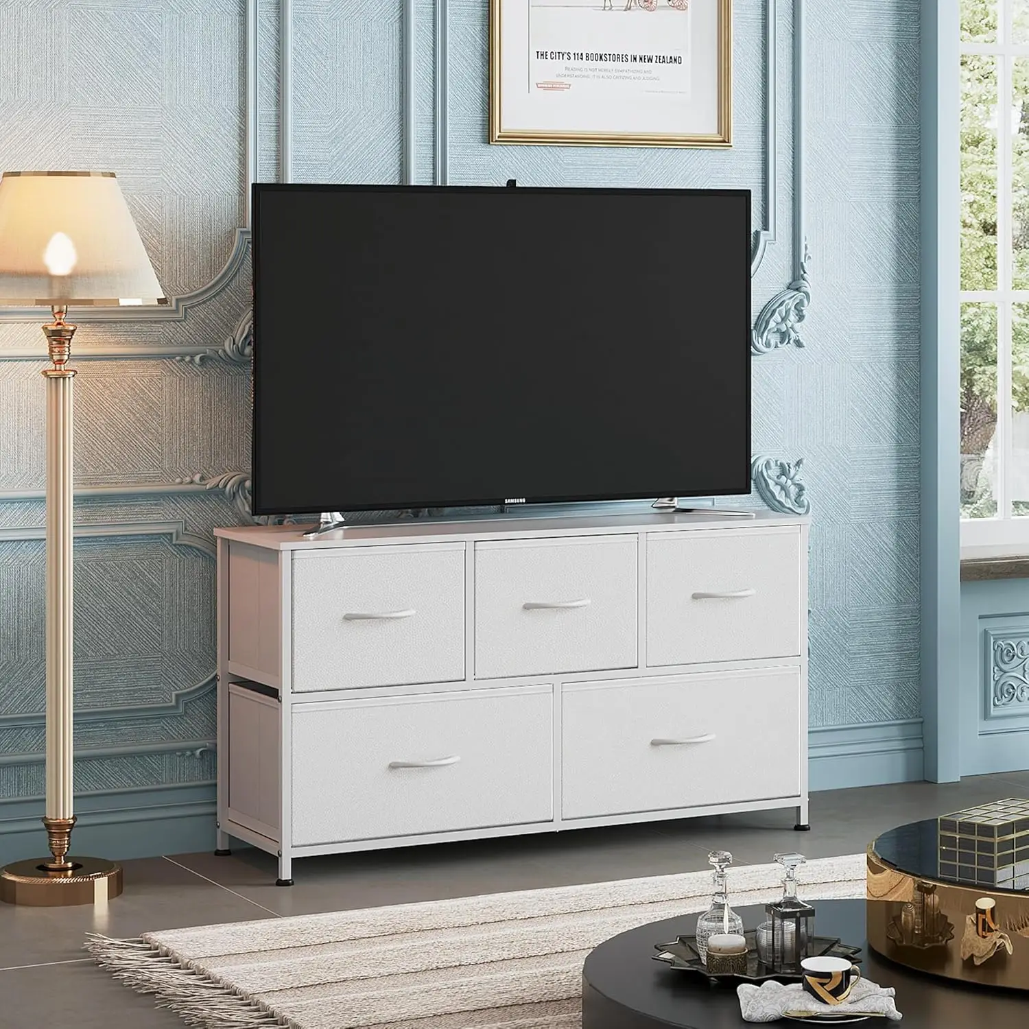 Commode large en tissu à 5 tiroirs pour chambre à coucher, armoire de rangement à profil bas, meuble TV, organisateur de vêtements