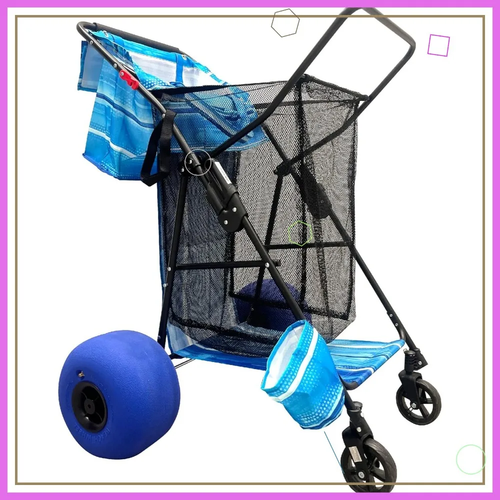 

Сверхмощная складная пляжная тележка с колесами для воздушных шаров, вмещает 4 стула и держателя для зонта, в синюю полоску