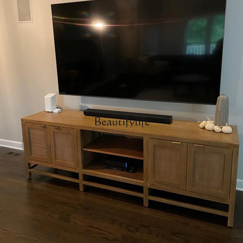 アメリカン無垢材テレビキャビネットレトロ籐シンプルな小型アパート収納キャビネット