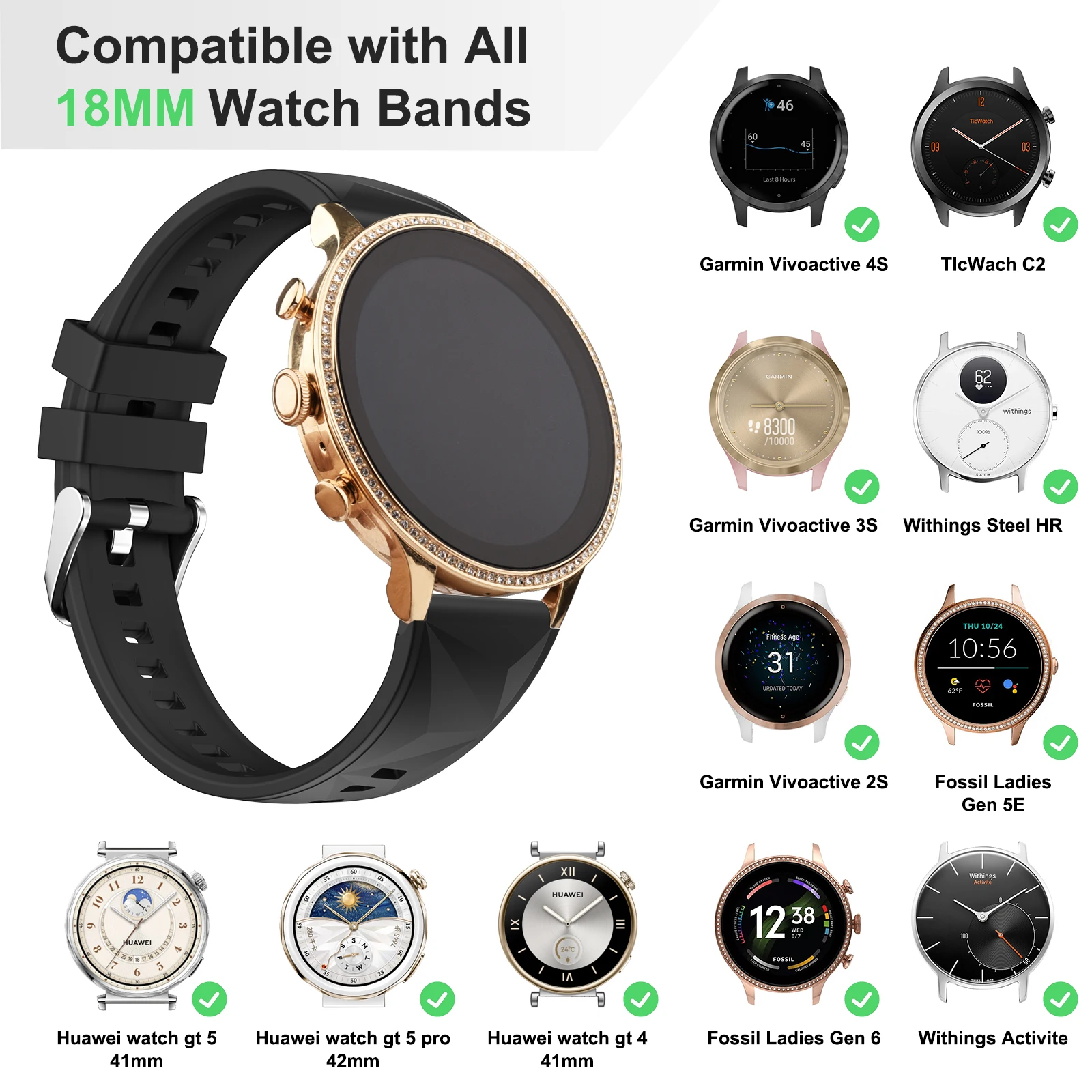 Силиконовый ремешок 18 мм для Huawei Watch GT 5/GT 4 41 мм GT 5Pro 42 мм Ремешок для часов Garmin Vivoactive 4S/3S/2S Venu 2S 40 мм Ремешок