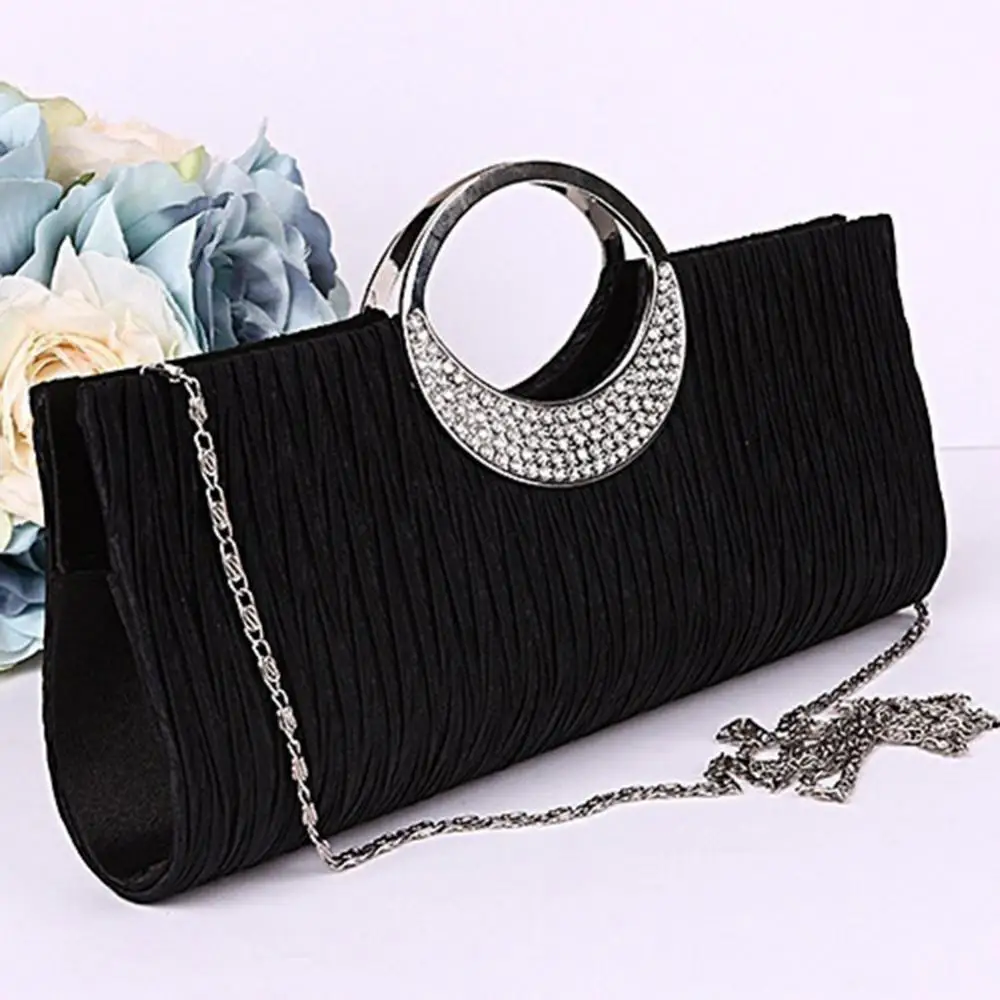 Fashion Women Luxury Handheld Bag Rhinestone Satin Pleated Evening Bag Party Shoulder Bag Clutch Purse Handbag