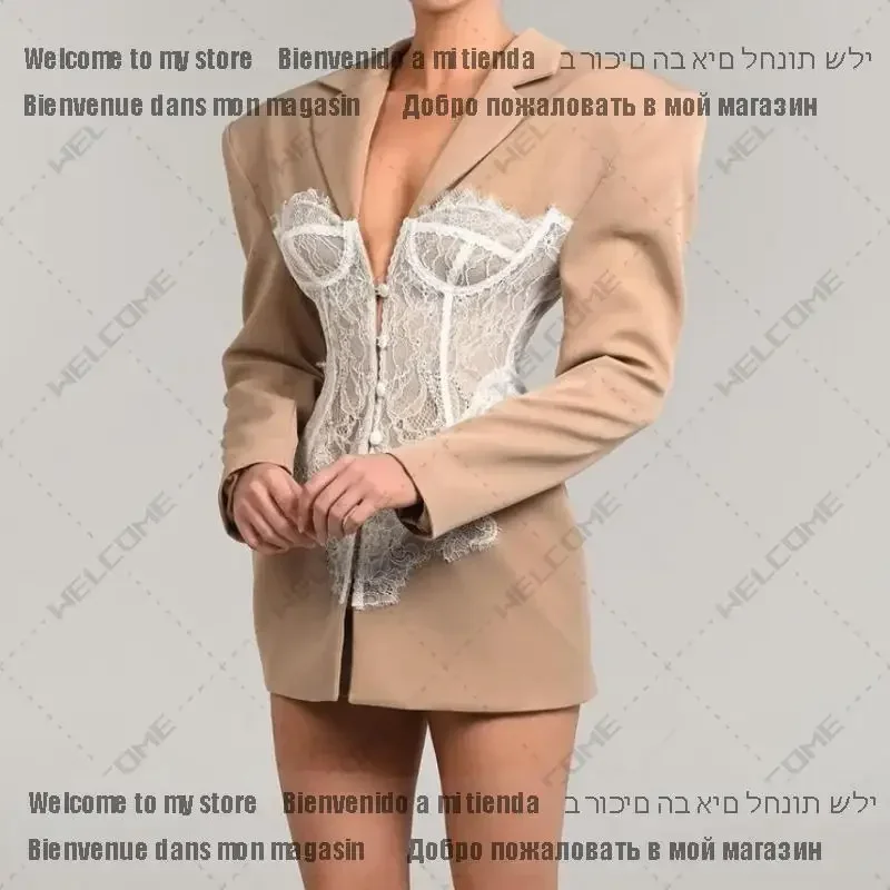 Women Black Blazer Coat Vintage Women's Slim Suit Jacket New Blazer 2025 Autumn Lace Stitched Single Breasted Ladies