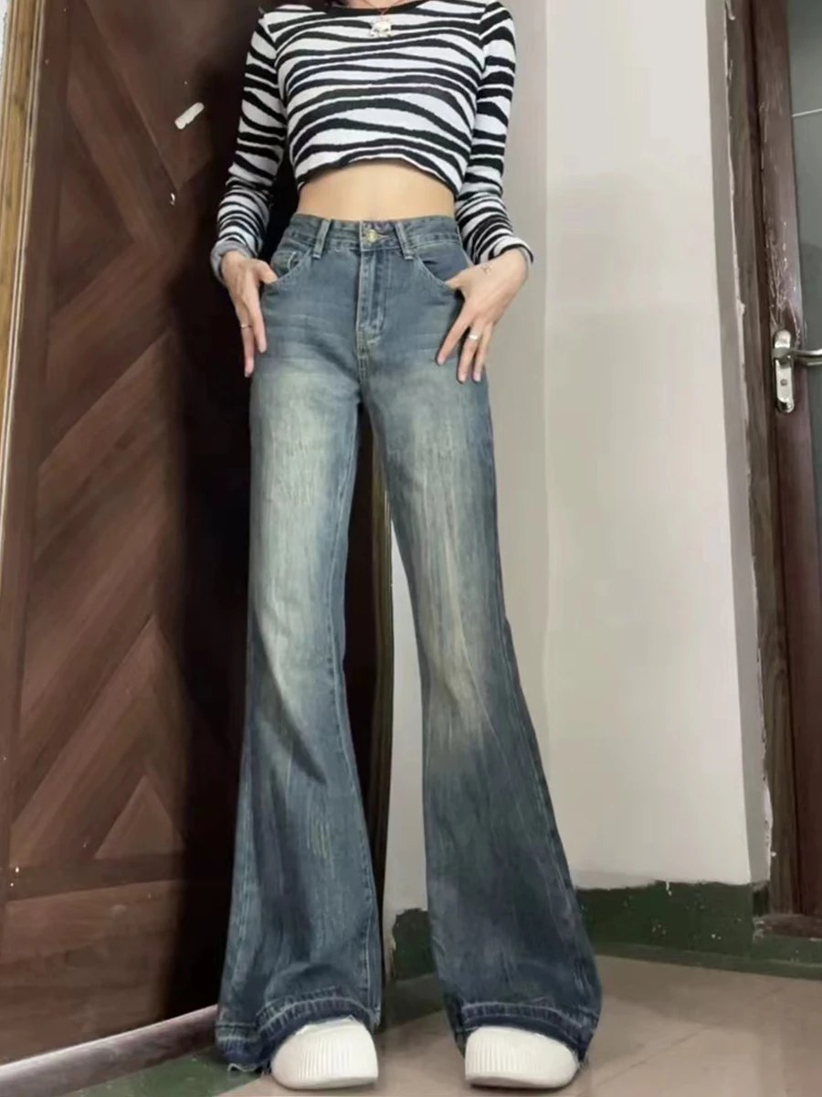 

plus Size American Retro Bell Bot Jeans Women's Spring Autumn Loose Slim High Waist Straight Leg Floor Length Pants