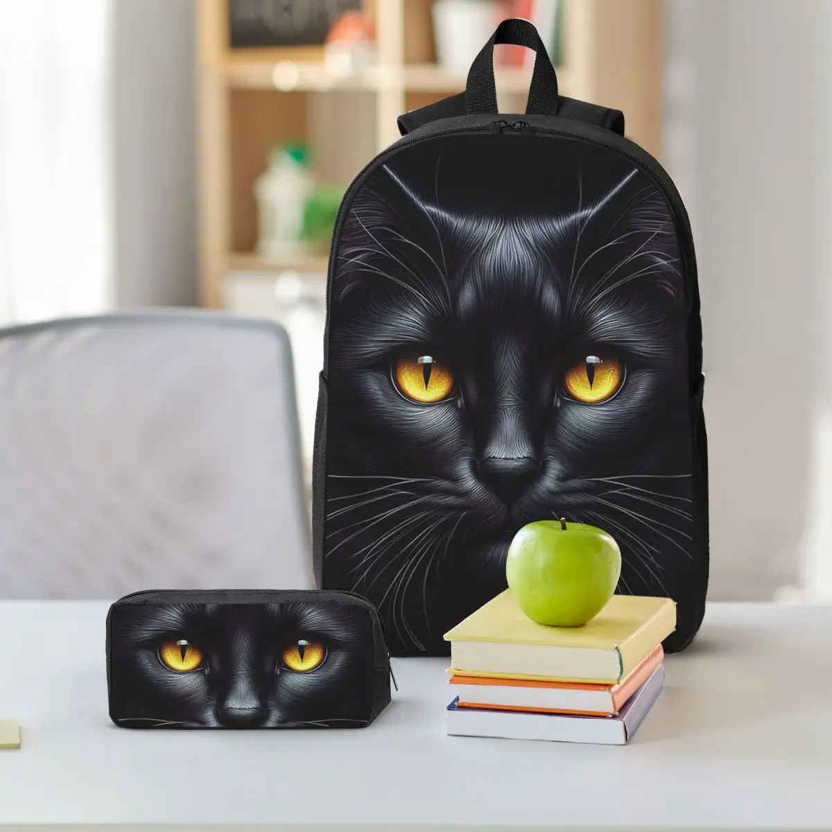 Beautiful Black Cat Portrait Realistic Backpack Student BookBag School Bag Shoulder Bags 3ps Insulated Lunch Bag Pencil Case