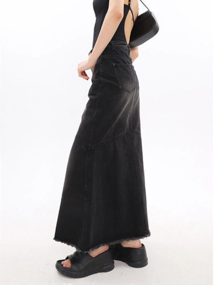 Denim Maxi Skirts Women Black Washed Vintage High Waist Summer Elegant Streetwear Y2k Clothes All-match Youth Retro Faldas Mujer