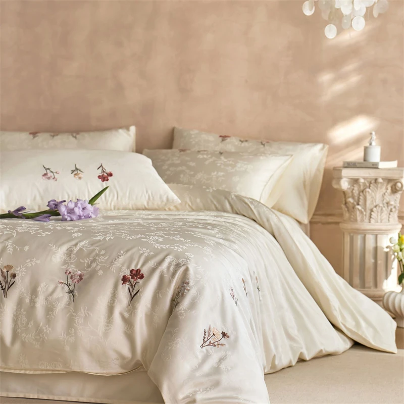 1000TC Egyptian Cotton Satin Jacquard Luxury Bedding Set Flowers Embroidery Duvet Cover Flat/Fitted Bed Sheet Pillowcases 4Pcs