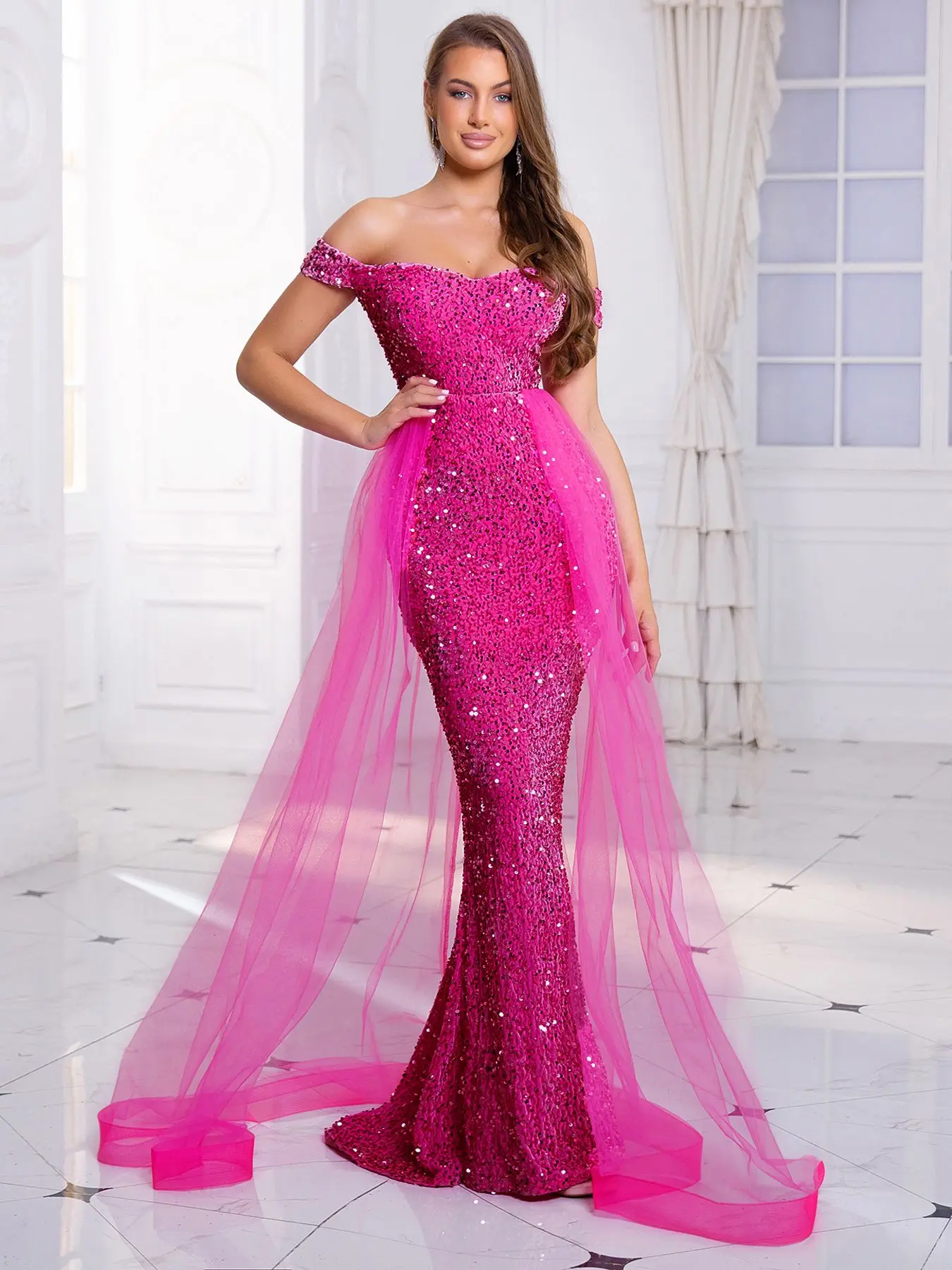 Romagic Off Shoulder Pink Evening Party Dress with Train Fashion Women Backless Spark Sequin Velvet Wedding Prom Gown Summer