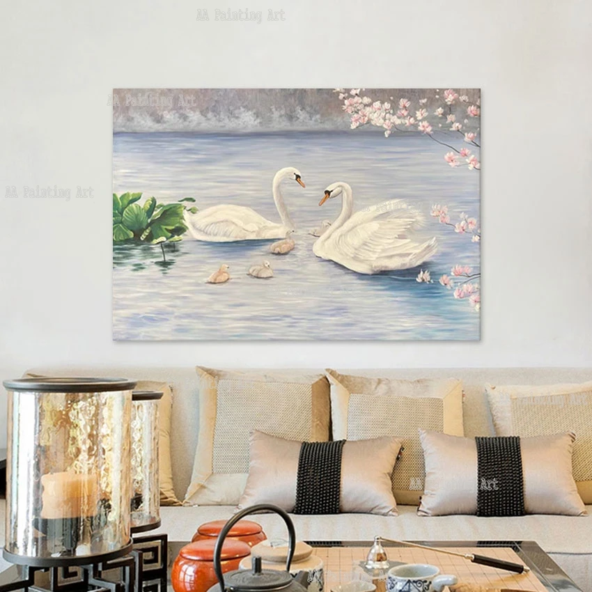 Luxury Canvas Wall Art Hotel Room Decor Large Couple Swans Oil Painting Art Pure Handmade Abstract Animal Canvas Artwork Craft