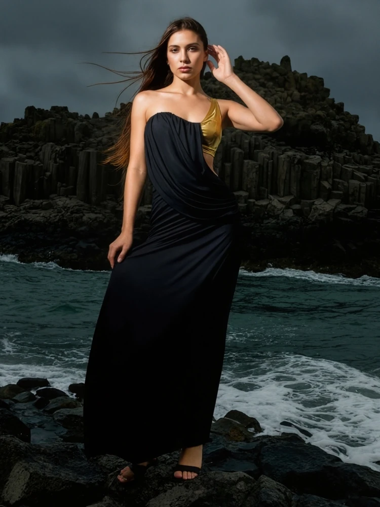 Abito lungo sexy con patchwork a catena scavata con una spalla Abito lungo da donna nero senza maniche con pieghe drappeggiate Abiti da sera per cocktail