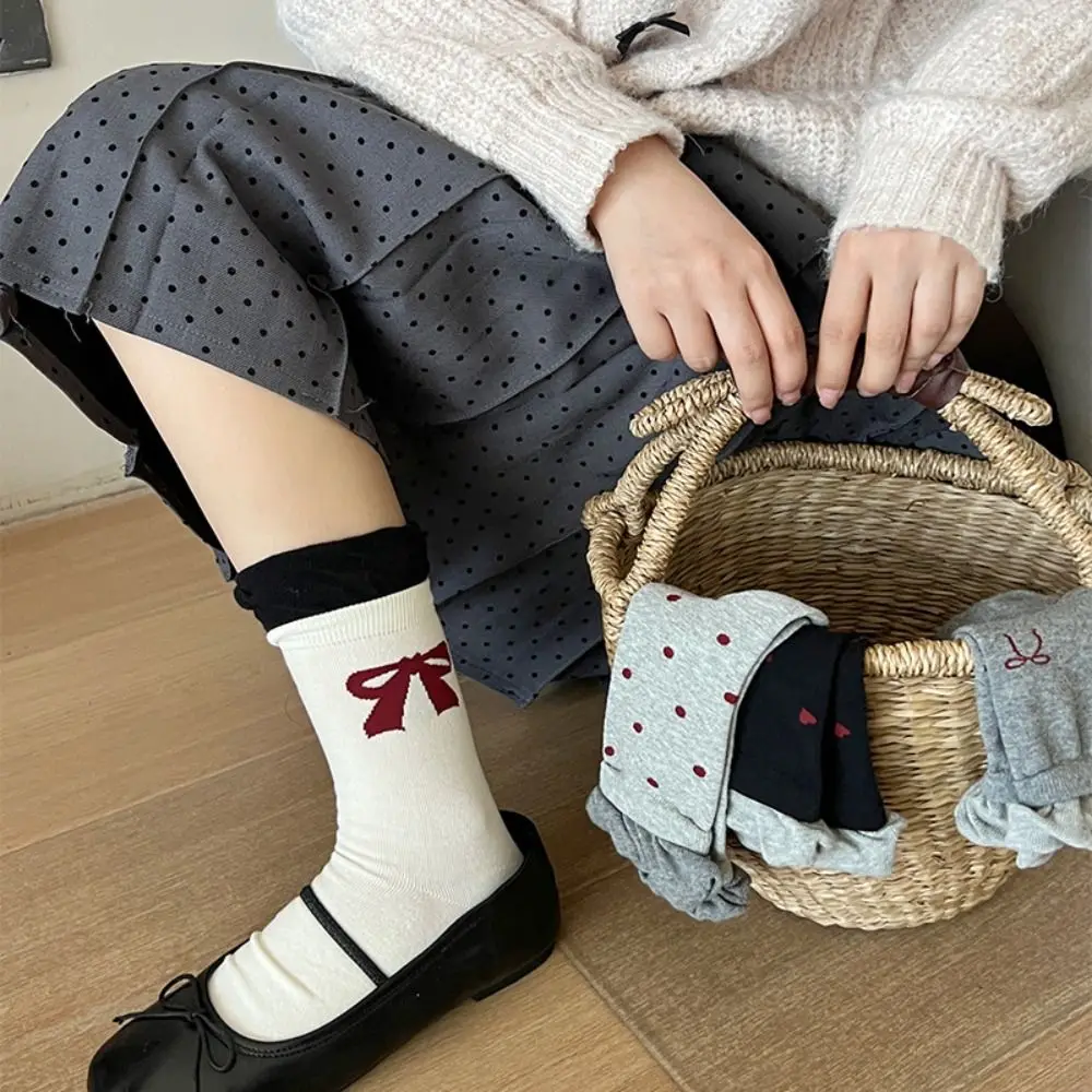 

2 пары модных носков с рюшами в горошек и бантом в форме сердца Kawaii, милые носки-трубочки, чулочно-носочные изделия, противоскользящие носки для женщин и девочек