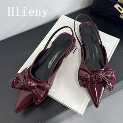 Hlieny Fashion Design Big Butterfly Knot Women Flat Mules Sandals High Quality Cozy Patent Leather Pointed Toe Back Strap Shoes