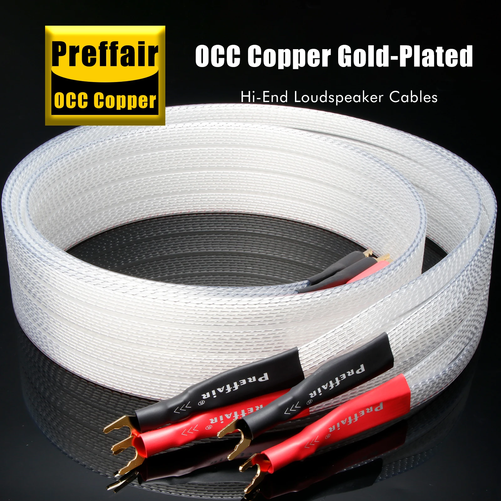 كابل مكبر صوت مسطح 8N OCC شريط موسيقى مطلي بالفضة سلك مكبر صوت Y بأسمائها الحقيقية إلى 4 مللي متر BFA قابس الموز لمكبر الصوت