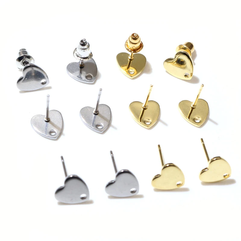 20pcs 8mm Heart 316 Stainless Steel Gold Plated Pin Stud Earring With Hole Connector For DIY Jewelry Making Supplies Findings