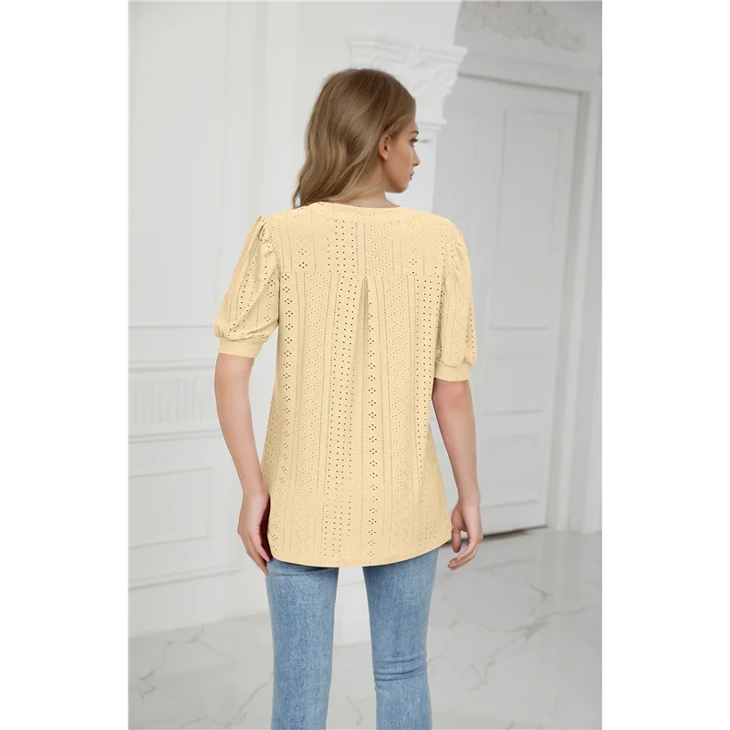 A83F-été manches courtes bouffantes chemises pour femmes coupe ample oeillet t-shirt encoche col en V tunique Blouse évider hauts de travail