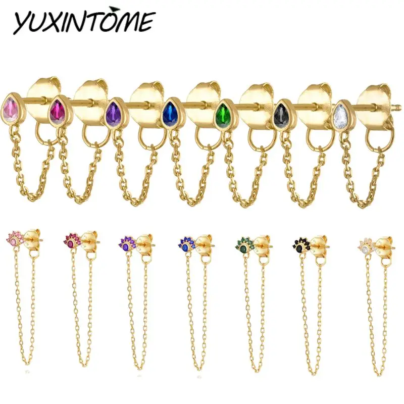 

925 Sterling Silver Needle Advanced Geometric Design Water Droplets/Half Flower Colorful Zircon Chain Stud Earrings Jewelry Gift