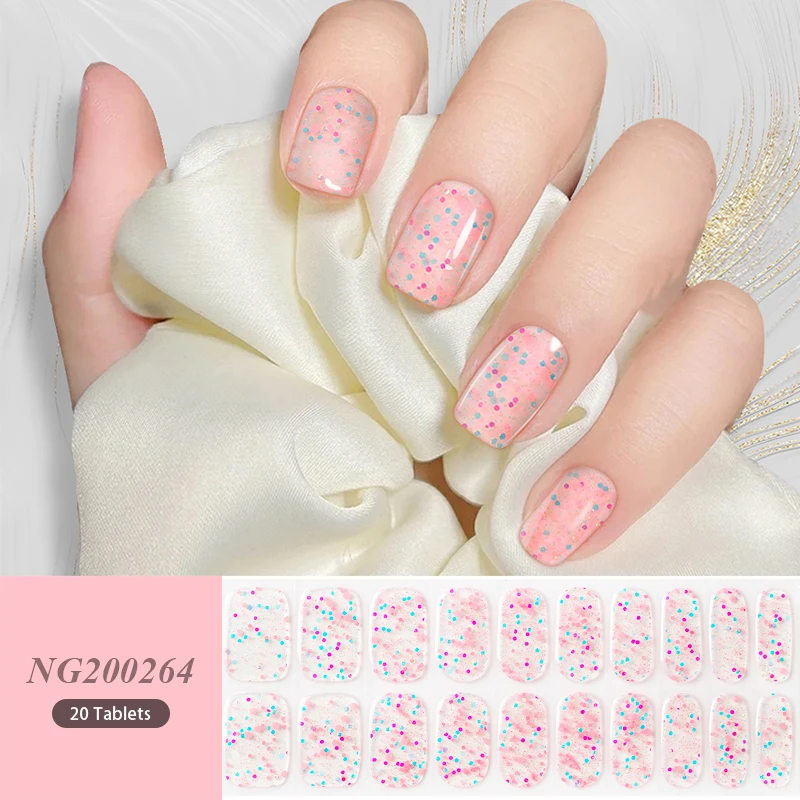 Christmas Winter 20Tips Sequins Semi-cured UV Gel Nail Art Stickers Full Cover Gel Nail Strips Press On Nail Decal Decoration