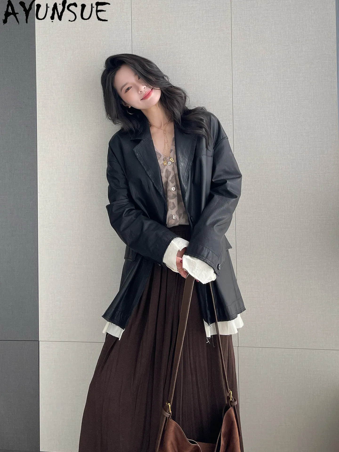 AYUNSUE Top Layer Sheepskin Real Leather Jacket Women Autumn Clothes Mid-length Suit Coat Woman Loose Fit New Куртка Кожаная