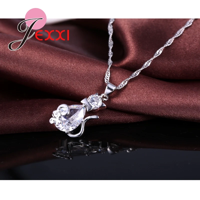 Genuine 925 Sterling Silver Lovely Cat Shape Cubic Zirconia Pendant Necklace Earrings Jewelry Sets For Women Ladies