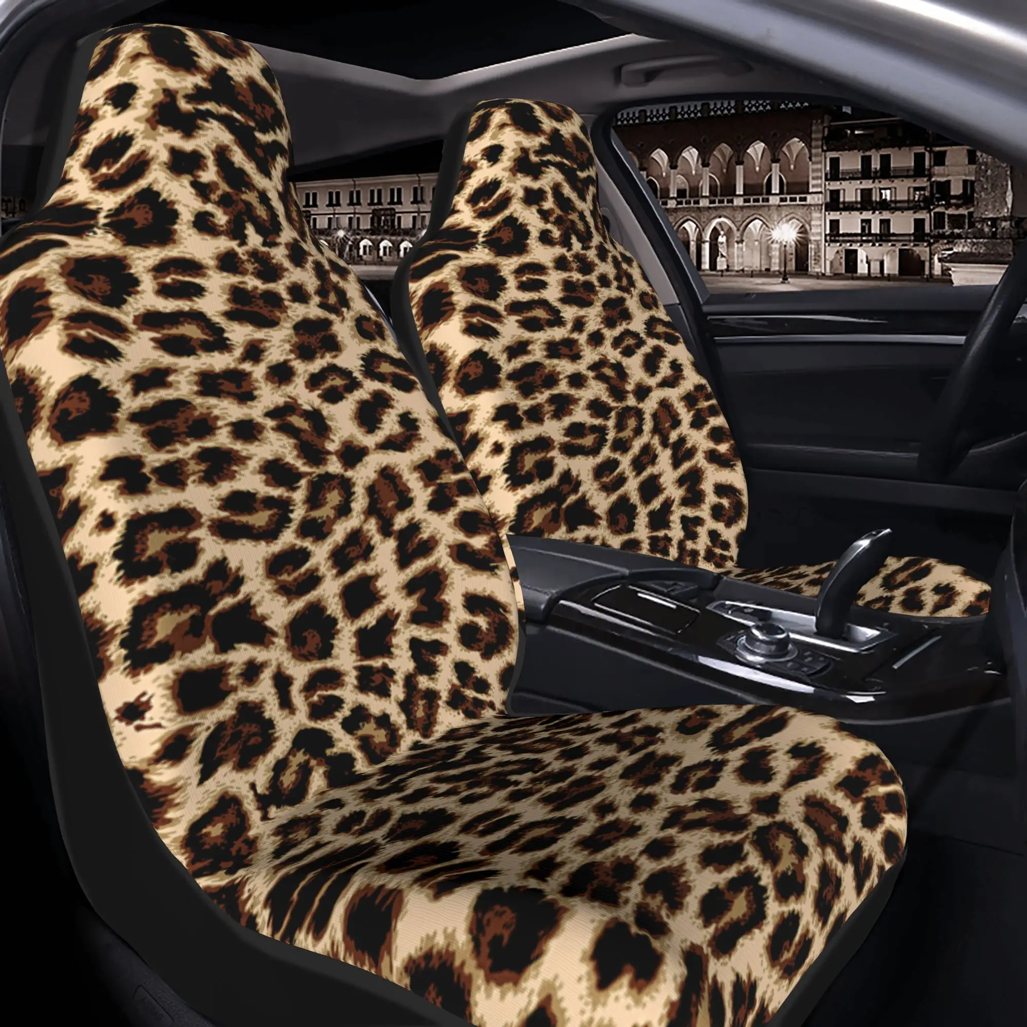 2pcs Leopard Print Car Seat Covers - Black & Tan Animal Print, Easy Installation & Removal, Fit For All Cars, Trucks, SUVs - Sta
