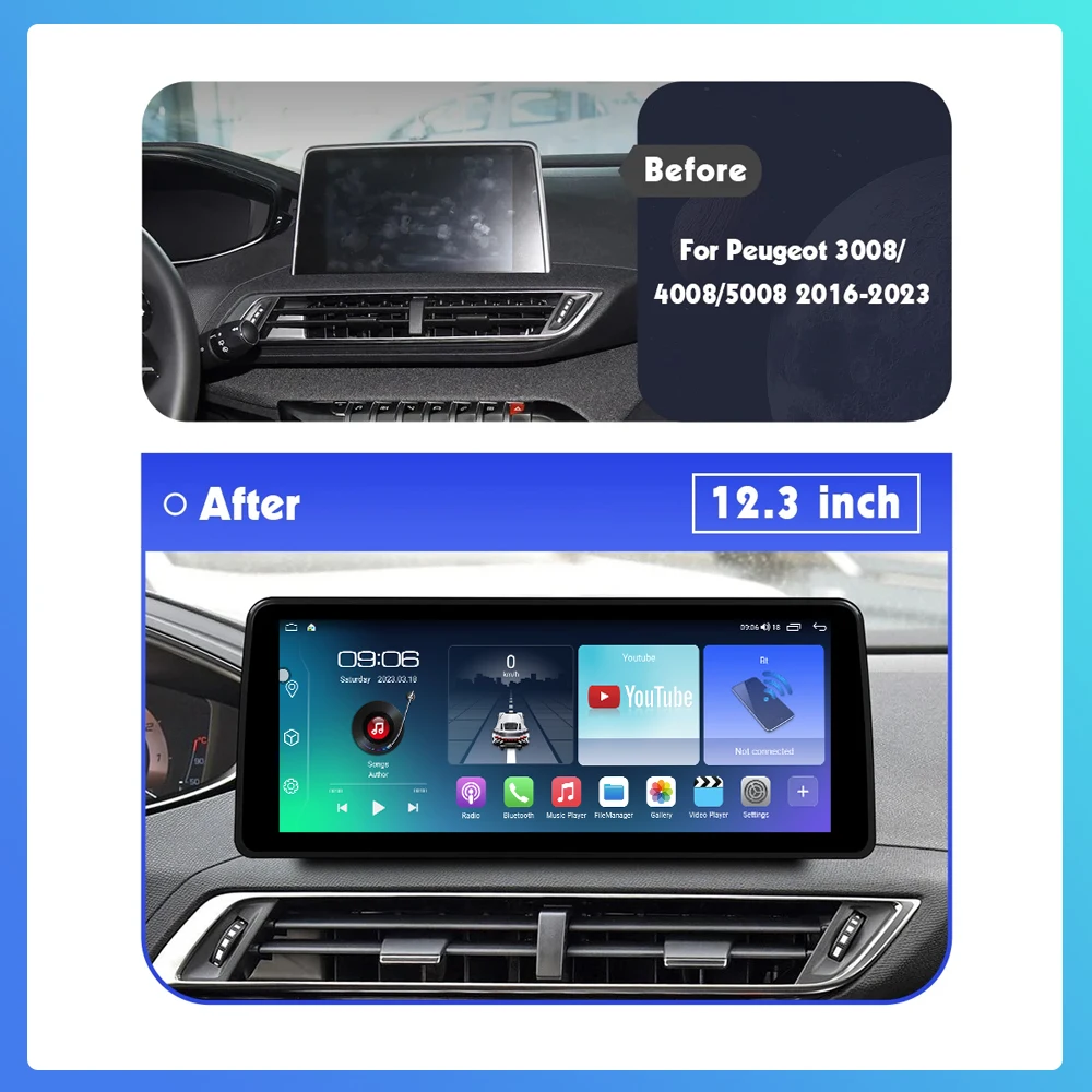 12.3 Inch Android 13 For Peugeot 4008 5008 3008 2016-2022 Car Radio Player GPS Stereo System 1920*720P 4G WIFI Octa Core FM GPS