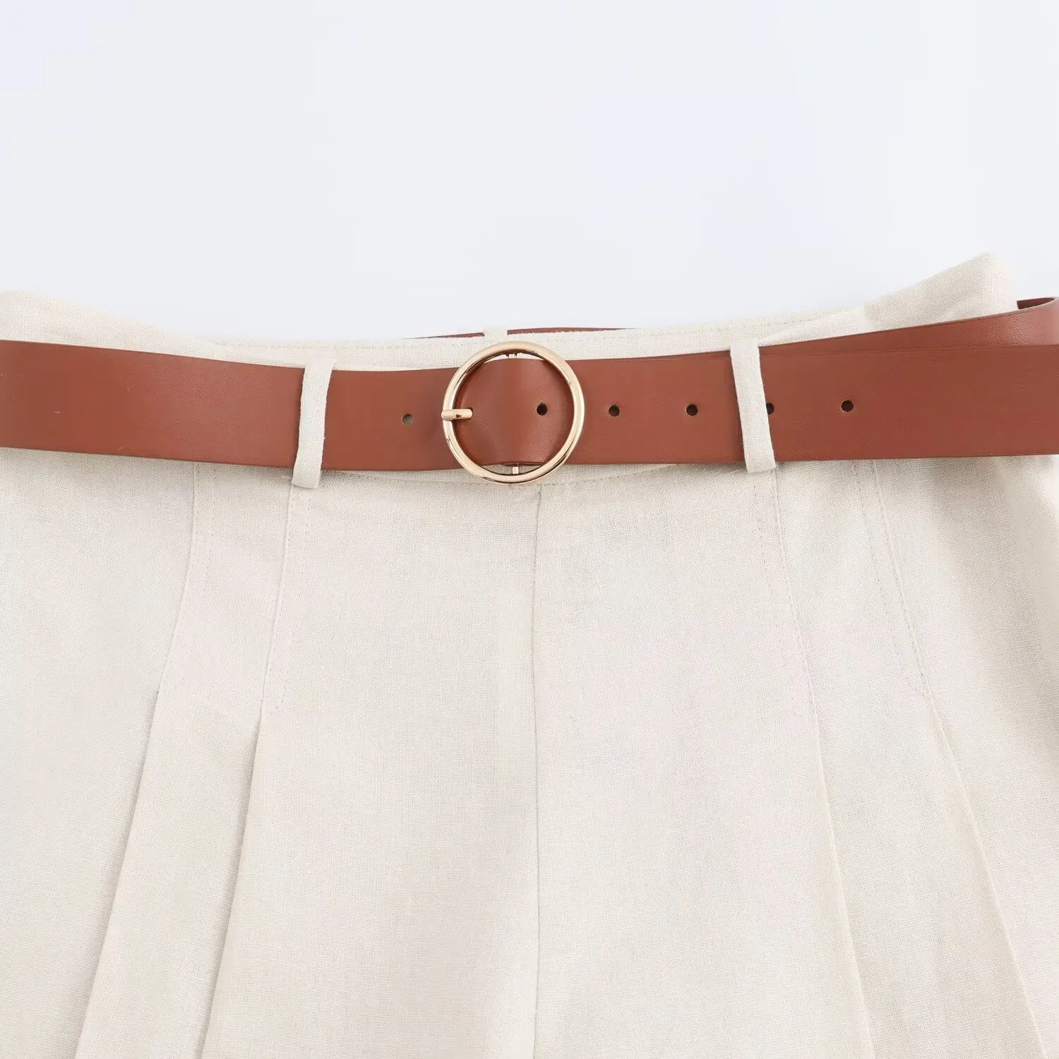 Women's New Fashion Belt Decoration Loose Linen Blended Casual Middle Pants Retro High Waist Side Zipper Women's Shorts Mujer