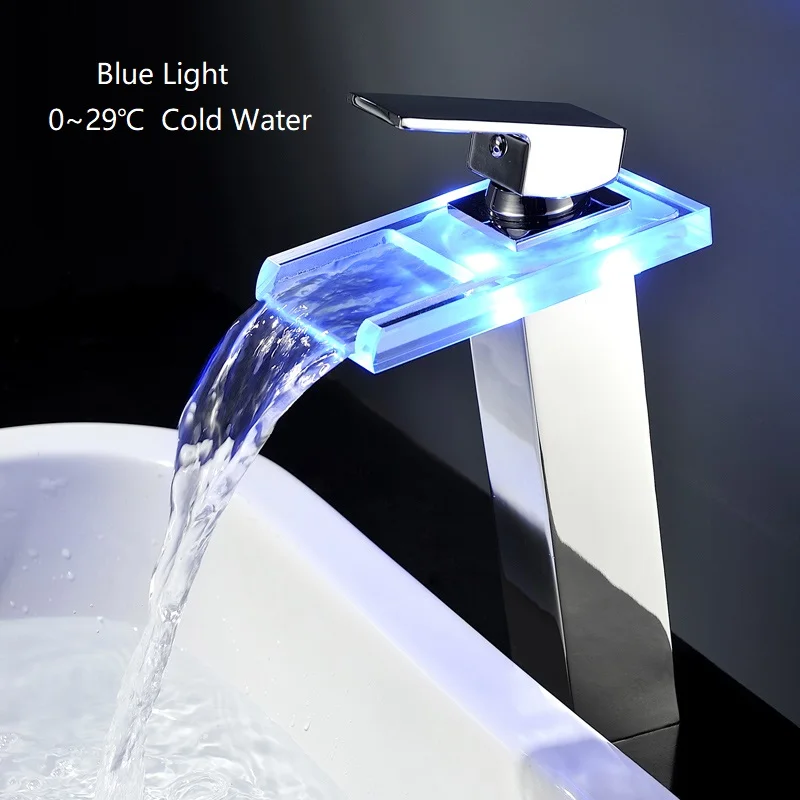 TAICUTE LED Basin Faucet Waterfall Sink Tap Brass Temperatures color change Glass Bathroom Mixer Tap