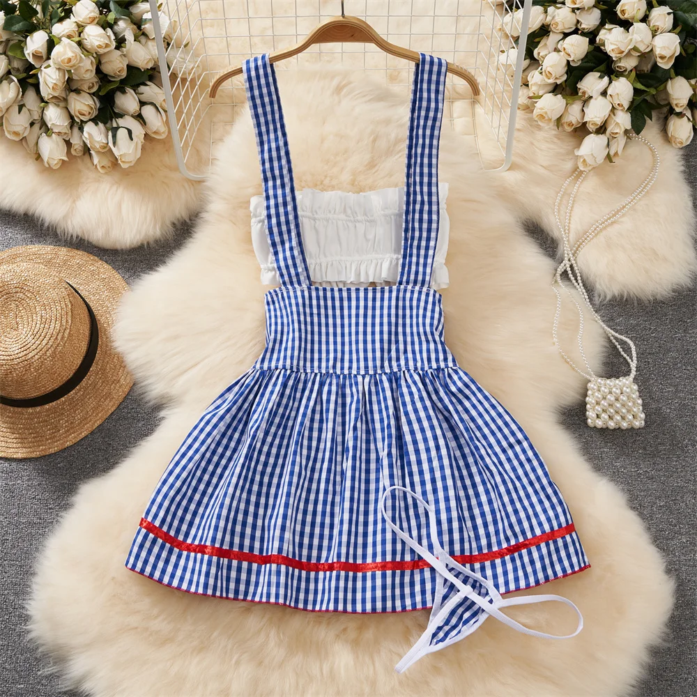 Japanese Sweet Cute Strap Skirt Set Ruffle Bow Crop Top Kawaii Plaid Short Skirt Sexy Girl's Lingerie Women's Secret Clothes