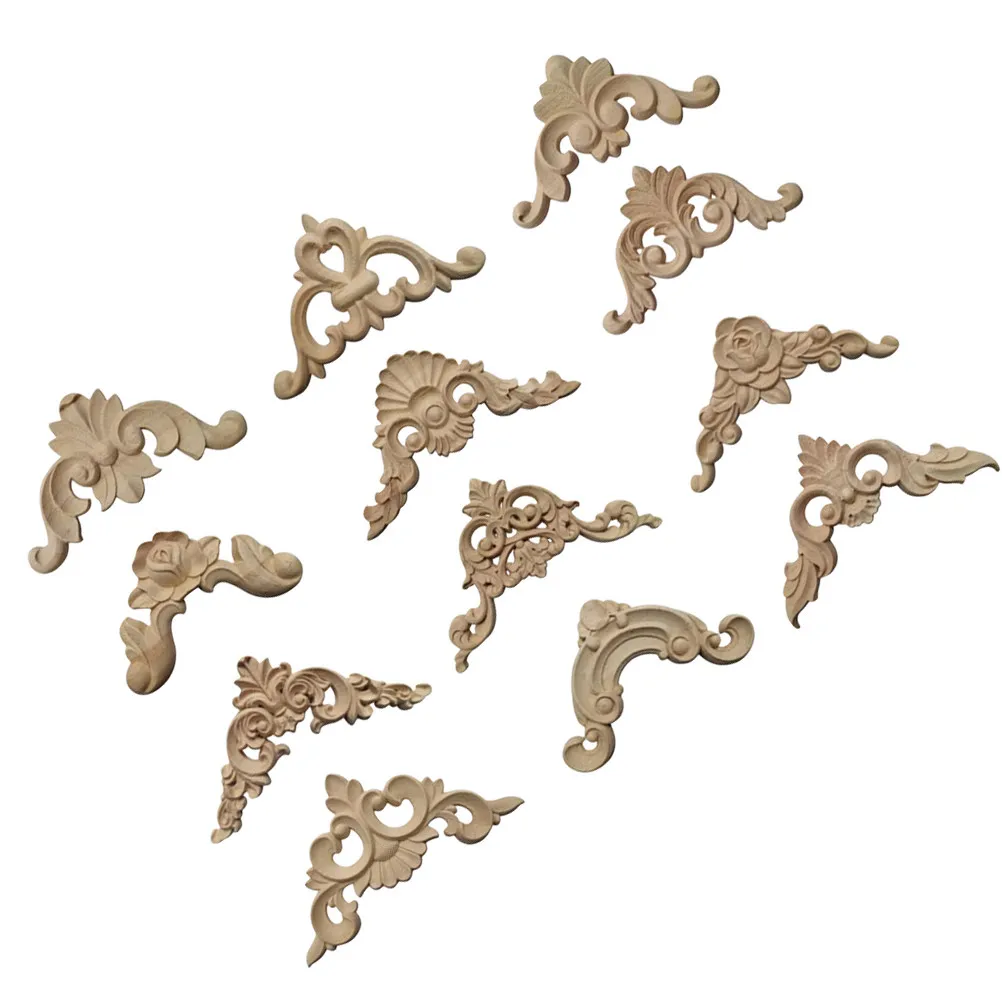 12Pcs Premium Solid Wood Carved Corner Onlay Unpainted Wood Applique for DIY Painting European Style Cabinet Door Mirror Decor