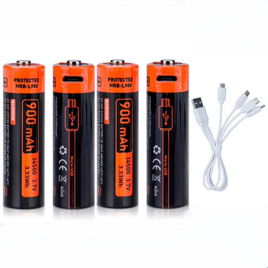 4pcs/lot New 3.7V 900mAh 14500 rechargeable lithium battery USB rechargeable flashlight dedicated AA lithium battery