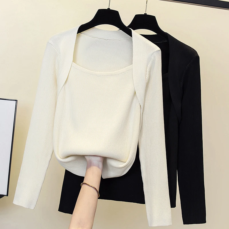 

Square Neck Sweater Women's Spring And Summer Thin Section Pure Sexy Knitted Bottoming Pullover Foreign Style Long Sleeved Top