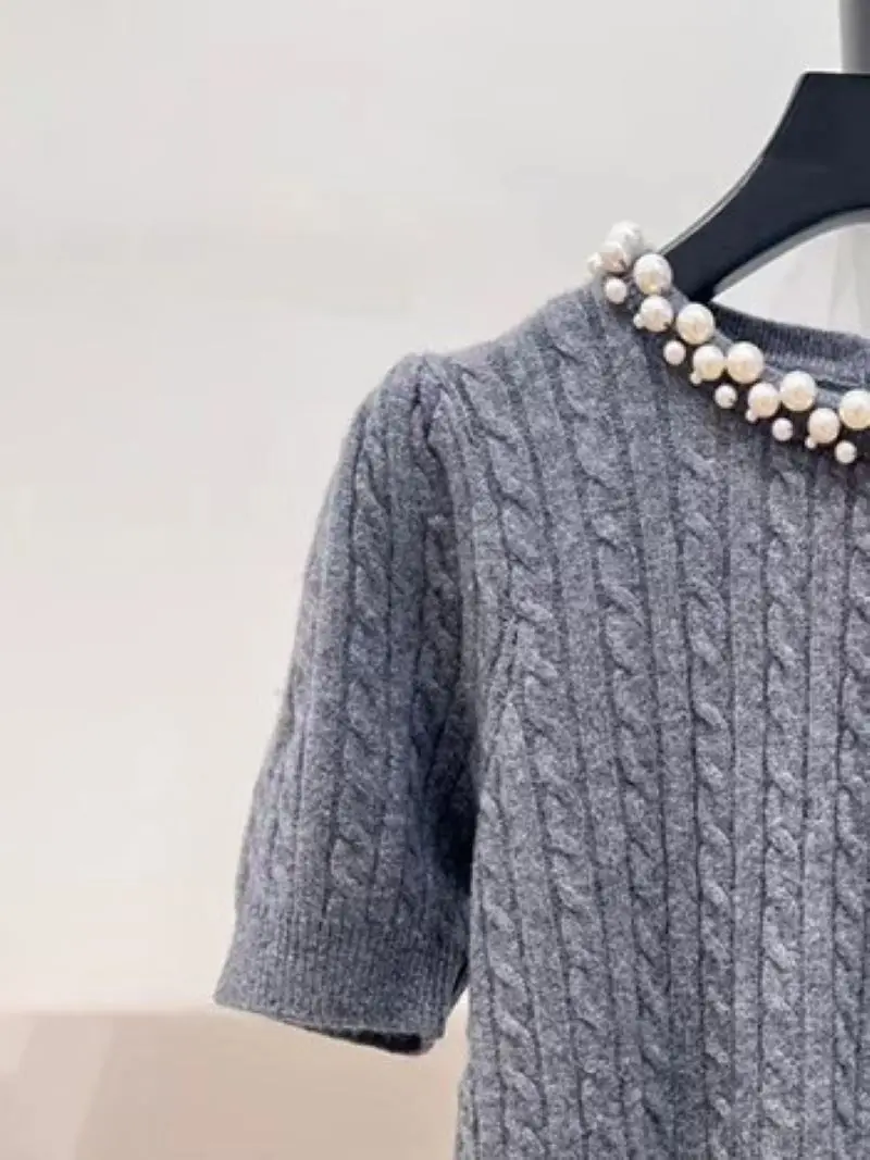 Women Grey Knitted Sweater Pearls Trim O-Neck Short Sleeve Sweet Autumn 2024 Pullover