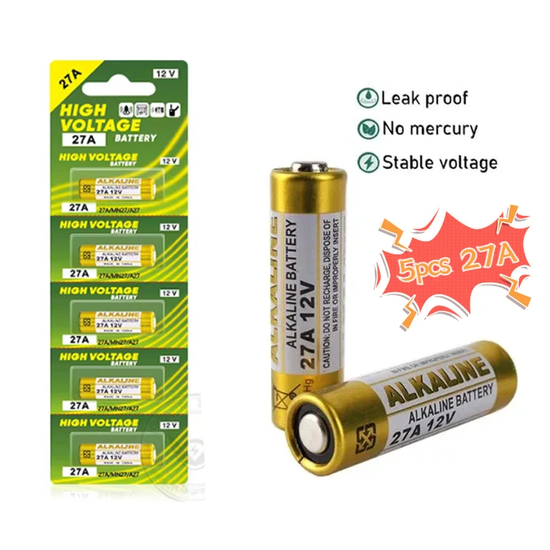 5PCS Alkaline Battery 12V A27 27A G27A MN27 MS27 GP27A L828 V27GA ALK27A A27BP K27A VR27 R27A For Alarm Remote Control Dry Cell