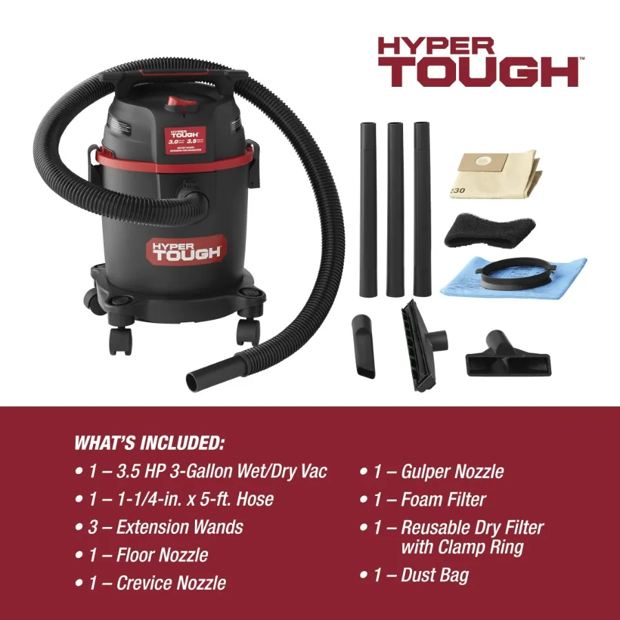 Hyper Tough 3 Gallon 3.5 HP Poly Wet Dry Vacuum for Home, Car, Garage & Workshop