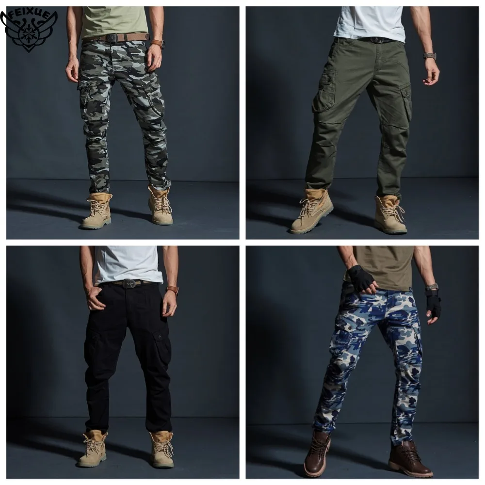 High Quality Khaki Casual Pants Men Tactical Joggers Camouflage Cargo Pants Multi-Pocket Fashions Black Army Trousers Work Wear