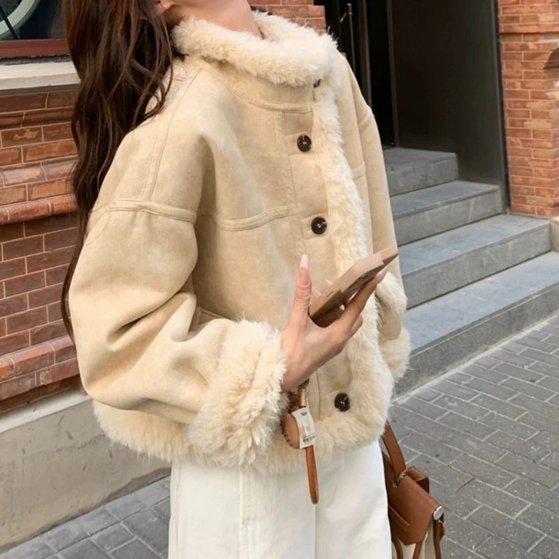 

Winter Padded Warm Lambswool Coat Retro Stand Collar Short Loose Fur One Coat