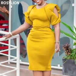 Women Green Summer Sexy Dress Women Office Wear Elegant Petal Sleeve Yellow Bodycon Slit Dresses Loose Sheath Large Size 3xl