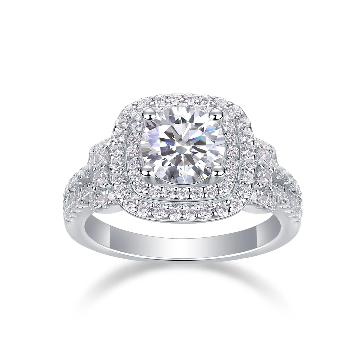 JIUZUAN 1Ct Moissanite Double Halo Ring, 18K White Gold Plated S925 Silver, Split Shank, Elegant Bridal Jewelry for Women